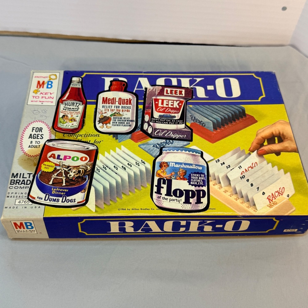 Vintage 1966 Milton Bradley Rack-O Card Game 4765 Wacky Packages Stickers Box
